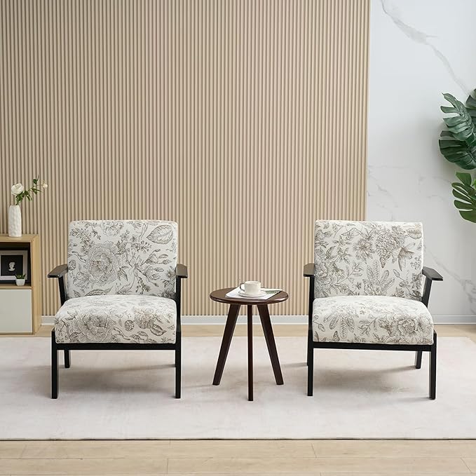 Mid Century Modern Accent Chair Living Room Chairs Comfy Arm Chair for Bedroom Small Cozy Upholstered Reading Chair Lounge Armchair with High Back for Balcony Home Office (Beige+Grey)