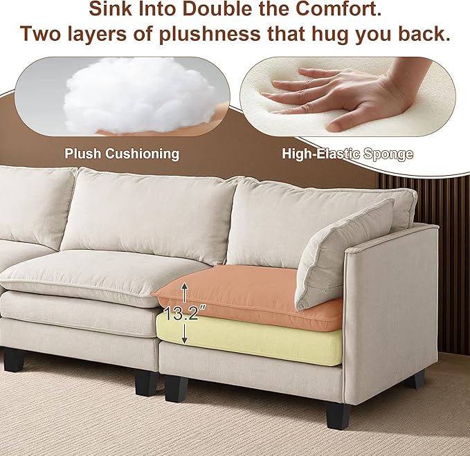 111” Modular Sectional Sofa L Shaped Cloud Couch with Ottoman Chenille Deep Seat Sofa with Pillow for Living Room Bedroom and Apartment 6 Seats Beige