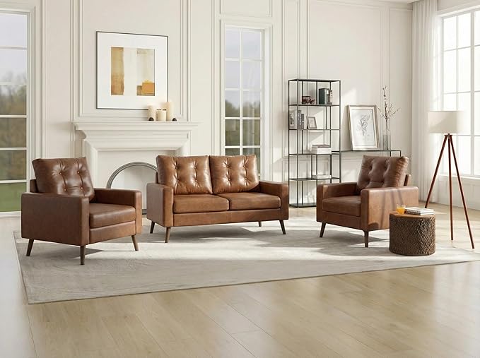 HNY Set of 2 Mid Century Modern Armchair Button Tufted Faux Leather Accent Chair with Arm Upholstered Club Chair for Living Room Bedroom Rubber Wood Legs Caramel 29.1D x 32.3W x 33.1H Inch