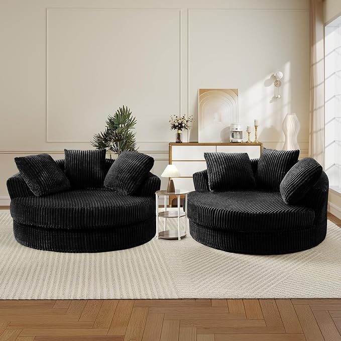 61-inch Oversized Round Chair Modern Accent Corduroy Comfy Deep Seat Boneless Foam Floor Circle Chaise Lounge Sofa Chair with 3 Pillows for Living Room Bedroom Office No Assembly Required Black