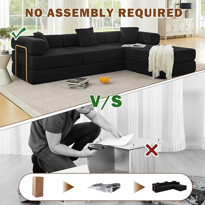 108 W Corduroy Modular Cloud Couch with Fixed-Shape Frame Oversized L-Shaped Sectional Sleeper Sofa Bed with Pull Out Bed No Assembly Modern Floor Boneless Couch for Living Room (Black)