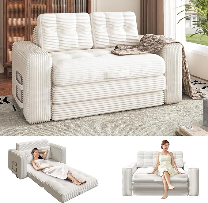 Convertible Sofa Bed 2 in 1 Boneless Couch Bed with 2 Pillows Corduroy Pull out Couch Folding Sofa Bed with Deep Seat Small Loveseat Sleeper Sofa Bed in a Box for Small Spaces No Assembly Needed