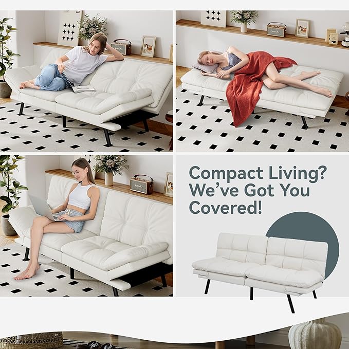 Opoiar Convertible Futon Sofa Bed White Faux Leather Futon Couch with Adjustable Backrest &amp Armrests Folding Small Recliner Sleeper Sofa Bed for Living Room Apartment Office