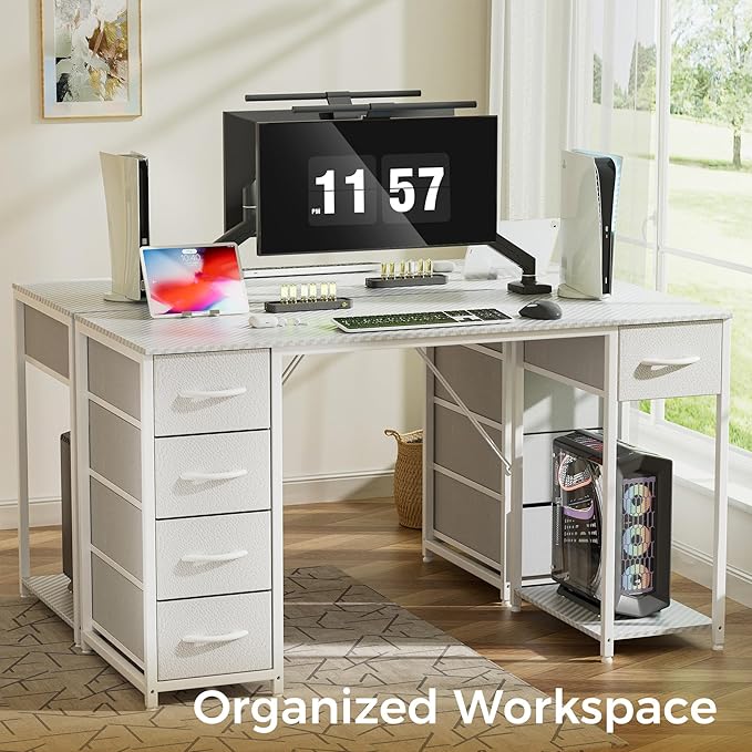 LUCKRACER Vanity Desk with 5 Fabric Drawers &amp Storage Shelves Makeup Dressing Table Computer Desks for Home Office Bedroom White No Mirror