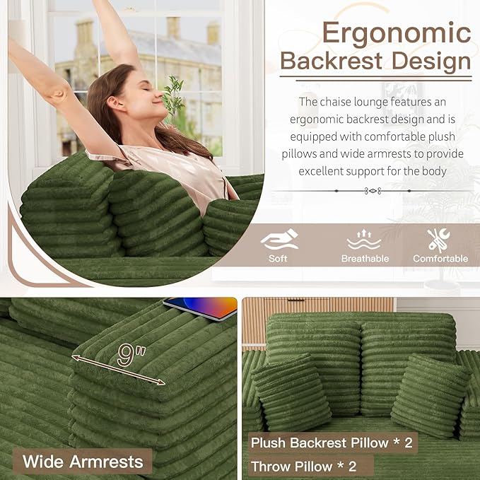 56 Oversized Chaise Lounge Chair IndoorPlush Corduroy Sleeper Sofa Couch Bed with Pillows&ampWide ArmrestsFluffy Comfy Cloud CouchCompression Foam Couch for Living RoomBedroom(Green)