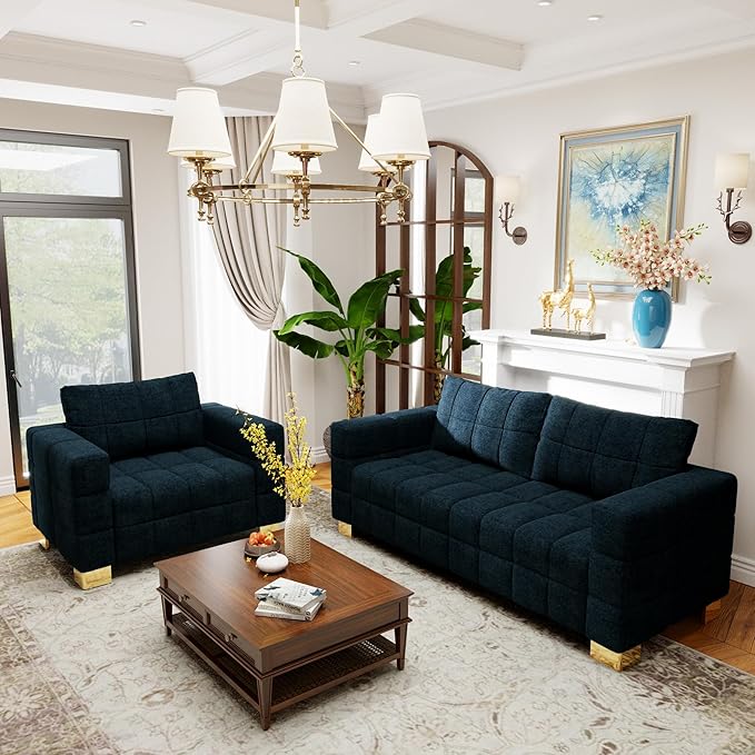 81.89 Sofa Comfy 3 Seat Sofa Tufted Chenille Upholstered Sofa Couch for Living Room with Gold Metal Legs and 2 Throw Pillows (Blue+1.5S)