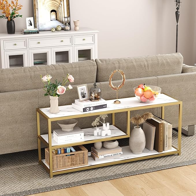 Function Home TV Stand for TVs up to 55 Inch 3 Tier Entertainment Center Media Console with Open Storage Shelves for Living Room Bedroom 47” Modern TV Table with Faux Marble Top Gold Metal Leg