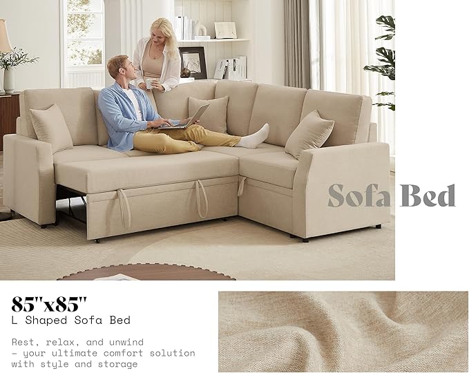 AMERLIFE 85 Inch Sofa Bed Oversized L Shape Couch with Pull Out Bed &amp Storage Seat Oversized Reversible Sleeper Sofa for Living Room Apartment Beige Linen Couch