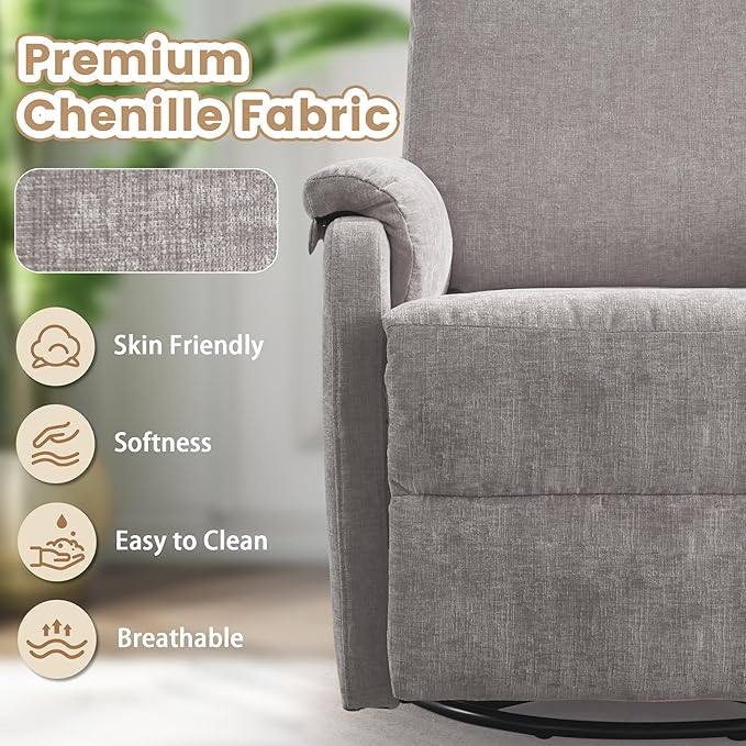 Recliner Chair Swivel Rocking Recliner Chair for Adults Glider Rocking Chair Small Nursery Chair Recliner for Living Room Reclining Chair with Modern-Designed Armrests Chenille Grey