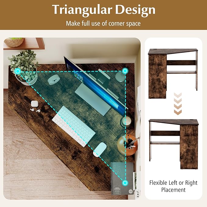 NAFORT Triangular Corner Desk with Storage Shelves and Cable Holes Space Saving Writing Desk Multi Functional Workstation for Home Office Bedroom PC Laptop Computer Table Brown