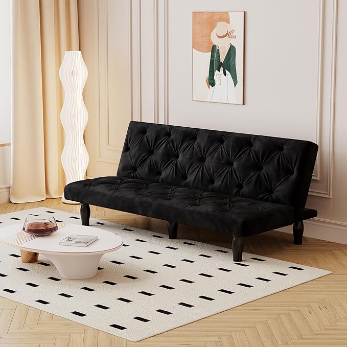 72 Pink Velvet Futon Couch Living Room Couch Bed Convertible Sleeper Sofa Bed with Cup Holder for Bedroom Guest Bed 2 Seater Reclining Sofas Couches with Nailhead Trim for Small Space (Black New)