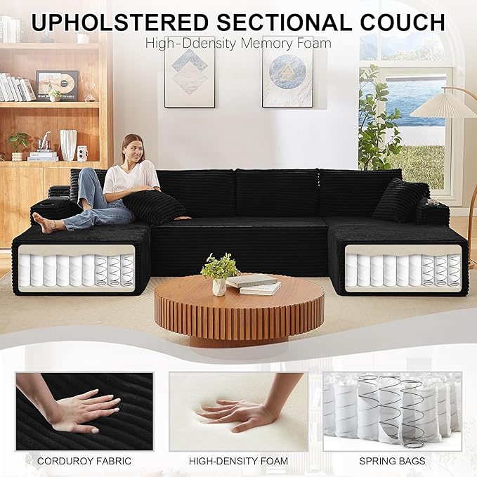 134 U-Shaped Cloud Couch Sectional Oversized Modular Boneless Sleeper Sofa with Side Pockets &amp Cup Holders 4-Seater Modern Deep Seat Corduroy Couch for Living Room No Assembly Required Black