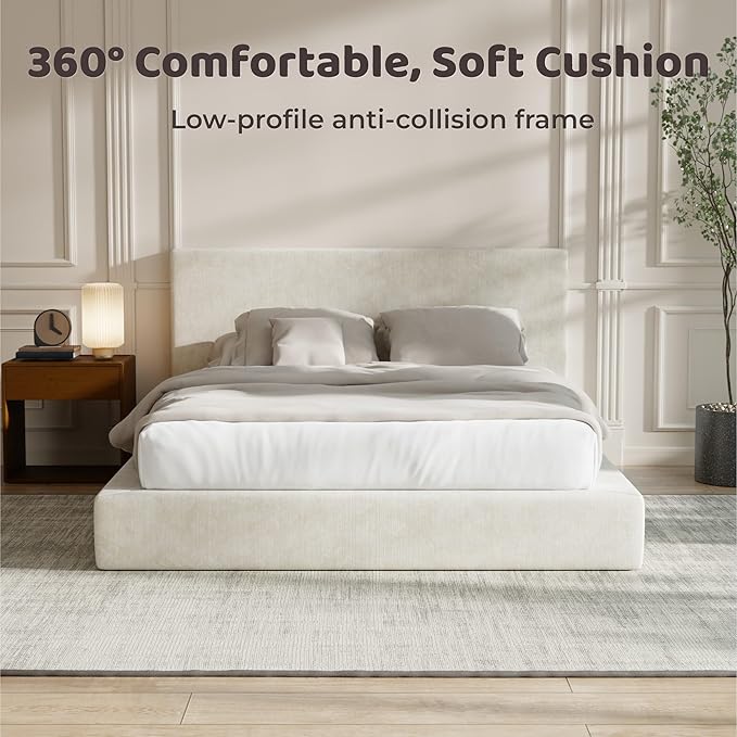 RECCI AirFrame Full Size Bed Frame with Headboard Cloud Upholstered Platform Bed Frame 5 Inch Foam Cushioned No Box Spring Easy Assembly(Beige Chenille)