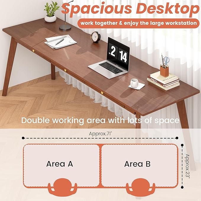 Long Solid Wood Desk with Drawers - 70.9” Mid Century Modern Executive Desk for Two People Home Office Computer Desks Vintage Writing Study Table for Any Room - 2 Person Desks -Walnut