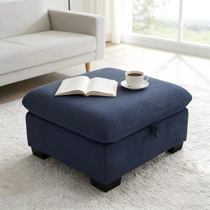 asunflower Matching Large Storage Ottoman for Sectional Sofa Oversized Foldable Footrest Stool with Lid Blue Corduroy Bench - 37.4 Extra Wide