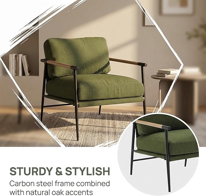 LukeAlon Mid-Century Linen Accent Chair Ultra Soft Living Room Chair with Metal Legs Modern Armchair Reading Nook Chair Lounge Chair Upholstered Comfy Leisure Chair for Bedroom Waiting Room Green