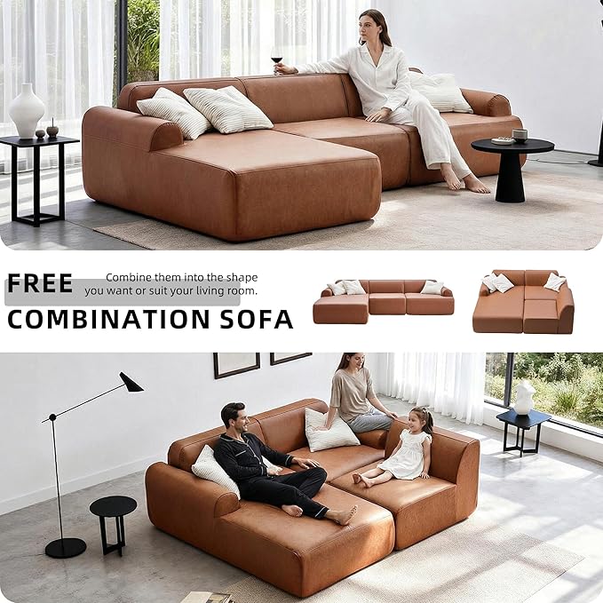 105” Modular Faux Leather Cloud Couch Deep Seat L-Shaped Sectional with Removable Wipe-Clean Covers and Replaceable Cover Design for Living Room (Orange 3 Seater+Left Facing Chaise)