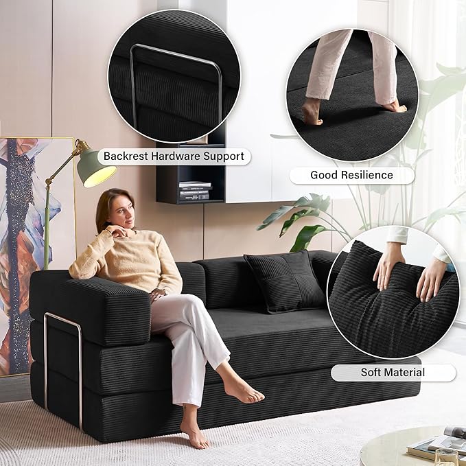 Compression Sofa - 78''Convertible Floor Sofa Bed - with Pillow Back Support Armrest - Comfy Foldable Sofa Bed Compressed Sofa in Box - Corduroy Fabric - for Living Room Bedroom - Obsidian