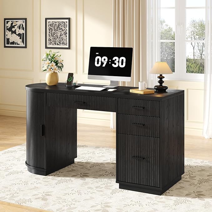 ONBRILL 58 Inch Fluted Executive Desk Computer Desk with Storage Drawers &amp File Drawer Modern Home Office Desk with Charging Station for Working Studying Writing Black