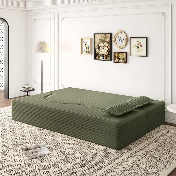 Modern 2-in-1 Convertible Sofa Bed 78 Full Size Corduroy Floor Sofa with 2 Pillows Folding Mattress Sleeper for Living Room &amp Guest Room No Assembly Required