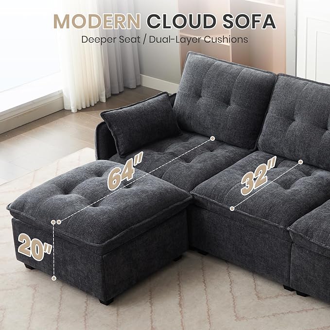 Modular Sectional Sofa 98'' Comfy Chenille L Shaped Sectional Cloud Couch with Movable Ottoman 4 Seater Deep Seat Sofa Sleeper with Throw Pillows for Living Room Office (Grey-Blue 3-seat)