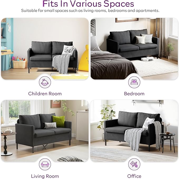TYBOATLE Modern Linen Fabric Small Couches for Small Spaces Comfy Upholstered Love Seat for Bedroom 2 Seater Mini Couch for Apartment Dorm Office Dark Grey
