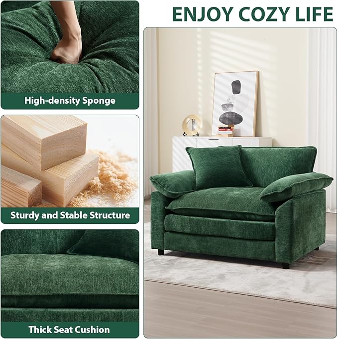 Chenilli Oversized Accent Chair with Ottoman Single Sofa Chair with Large Seat and Extra Wide Armrests Modern Comfy Armchair Reading Chairs for Bedroom Living Room Green