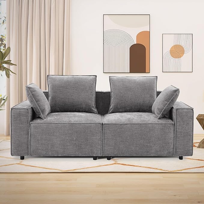 Tbfit 78'' Modular Sectional Sofa Chenille Cloud Couch with Wide Armrests &amp 4 Pillows Deep Seat Couches for Living Room Grey