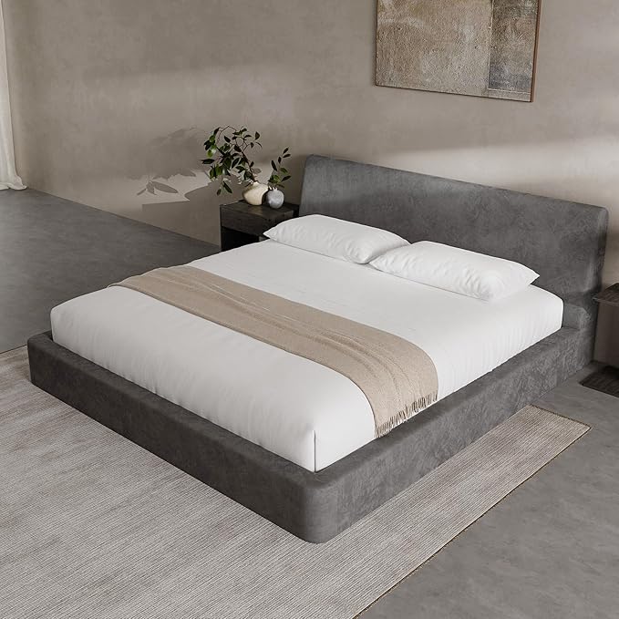 RECCI AirFrame King Size Bed Frame with Ergonomic Angled Foam Cushioned Headboard Minimalist Design Platform Bed Frame No Box Spring Needed Easy Assembly (Moon Grey)