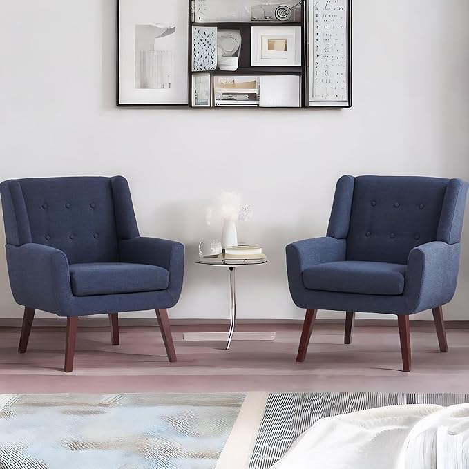 HUIMO Accent Chair Arm Chair Set of 2 Button Tufted Upholstered Reading Chair Linen Fabric Mid Century Modern Chairs for Bedroom Living Room Chair Comfy Sofa Chair(2 Dark Blue)