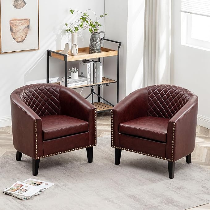 KINWELL 29 W Faux Leather Barrel Chairs Set of 2 Modern PU Upholstered Tufted Club Chairs with Nailhead Trim Small Armchairs Accent Chairs for Living Room Bedroom Apartment Lounge Nursery Red