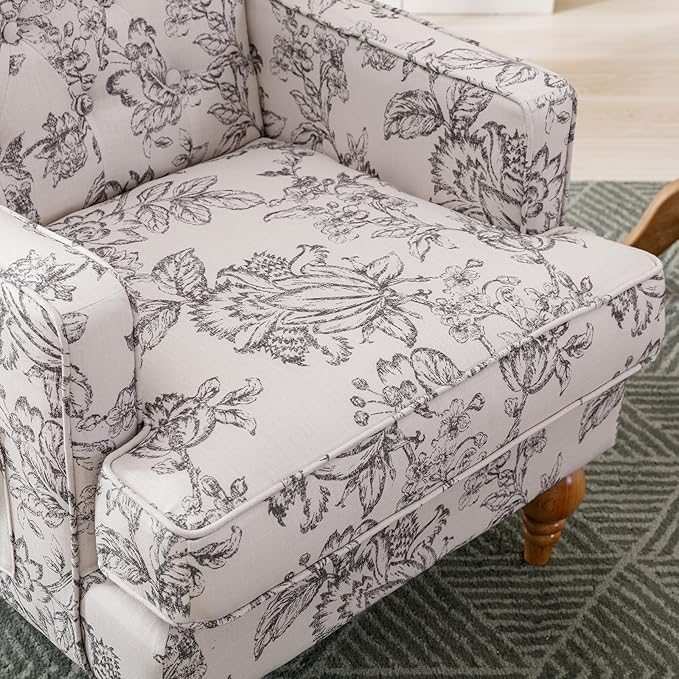 DUOMAY Tufted Accent Chair Set of 2 Modern Linen Upholstered Wingback Side Arm Chair for Living Room Bedroom with Wood Legs Comfy Reading Guest Chair for Office Beige Flower Pattern