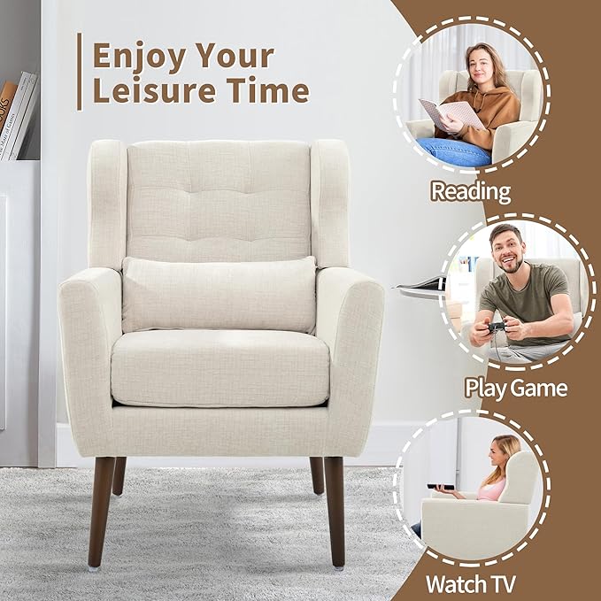 Modern Accent Chair Upholstered Arm Chair with Waist Pillow Single Sofa Chair for Living Room Bedroom Small Spaces (Beige)