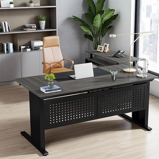 Oigavfd 63 Executive Desk with Drawers and Filing Cabinet L Shaped Computer Desk with Metal Frame and Privacy Baffle Home Office Workstation (Gray and Black)