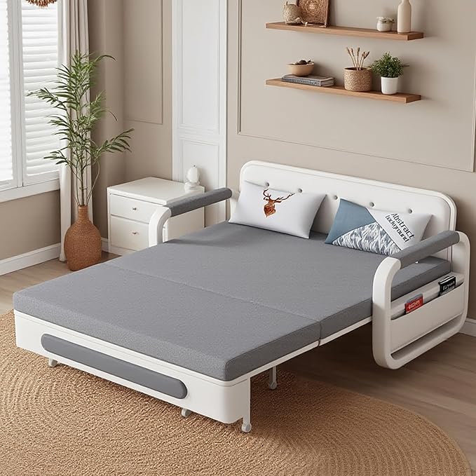 Full Size Pull-Out Sofa Daybed with Trundle Versatile Futon Couch with Sleeping FunctionMetal armrest and Storage Space for Small Rooms and Living Rooms59.84