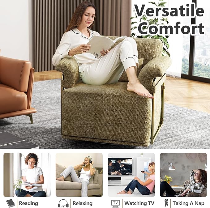 Swivel Accent Chairs 360 Swivel arm Chairs for Bedroom Club Chair with Back Gold Frame Tall Base for Office and Living Room (Brown)