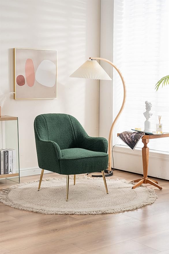 Modern Soft Green Teddy Fabric White Ergonomics Accent Chair Living Room Chair Bedroom Chair Home Chair with Gold Legs and Adjustable Legs Family Room Sofa Armchair Furniture for Indoor Home (Green)