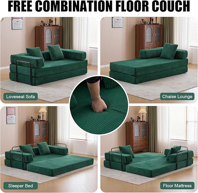 Folding Convertible Sofa Bed 4-in-1 Boneless Couch Sleeper Sofa 76.8'' Corduroy Foldable Mattress Couch with Fixed-Shape Frame Floor Sofas Modular Futon Couches for Living Room Dark Green
