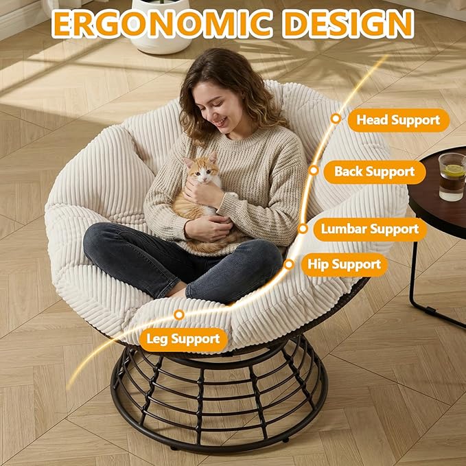 36” Papasan Chair with Cushion and Frame Oversized Papasan Chairs 360° Swivel Olefin Adjustable Feet Suitable for Living Room Patio Bedroom Indoor/Outdoor (White)