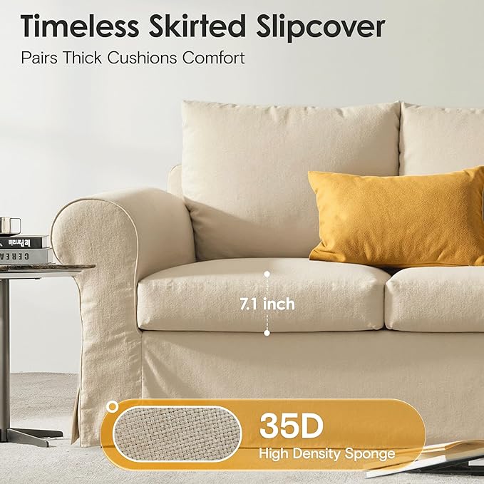89 3-Seater Couch for Living Room Slipcovered Sofa Beige Couches with Washable Cover Supportive Cushions &amp Sturdy Frame for Small Spaces Apartment Office Easy Assembly