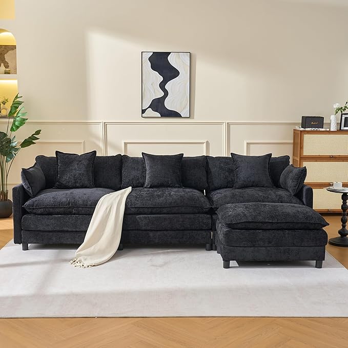 108 L-Shaped Modular Sectional Sofa with Ottoman Modern Cloud Couch Chenille Deep Seat 3-Seater for Living Room Solid Wood Frame &amp Easy Assembly (Black 3 Seat)