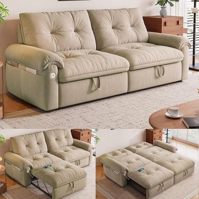 77 Pull Out Sofa Bed Velvet Convertible Sleeper Couch Loveseat Chaise Lounge with Side Pockets and USB Pullout Futon Sofa Bed for Living Room Bedroom Small Spaces RV (Brown)