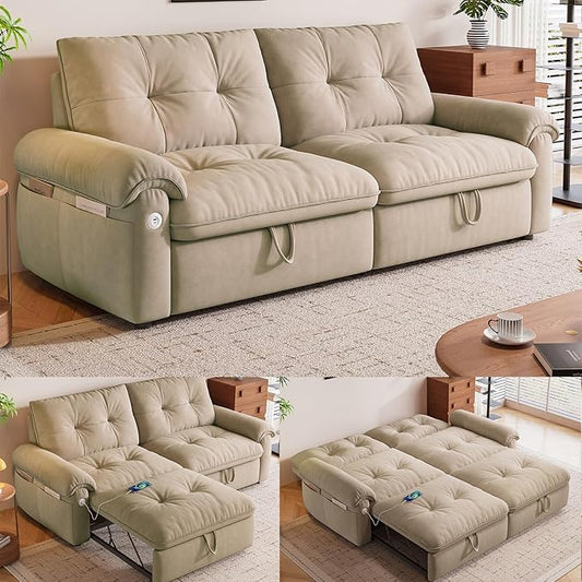 77 Pull Out Sofa Bed Velvet Convertible Sleeper Couch Loveseat Chaise Lounge with Side Pockets and USB Pullout Futon Sofa Bed for Living Room Bedroom Small Spaces RV (Brown)