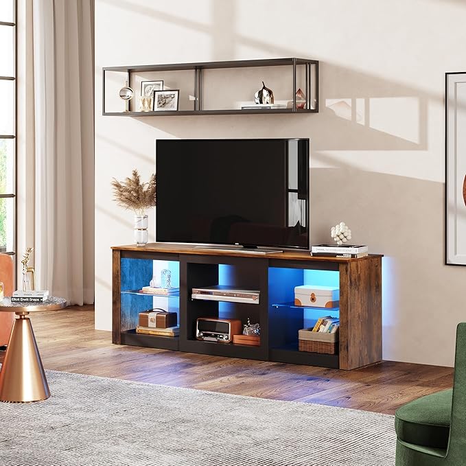 WLIVE RGB LED TV Stand for 65-Inch TV 58-Inch Entertainment Center with Adjustable Glass Shelves Modern Media Console for Living Room &amp Bedroom Rustic Brown