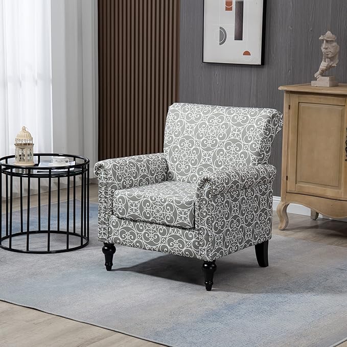 Mid Century Modern Accent Chair Linen Armchair wTufted BackWood Legs Upholstered Lounge Arm Chair Single Sofa for Living Room Bedroom Grey