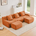 Orange U-Shaped Cloud Couch with 2 Ottomans Modern Teddy Fabric Boneless Sectional Sofa in a Box for Living Room Modular Floor Couch Deep Seat No Assembly Required Sofas para Sala