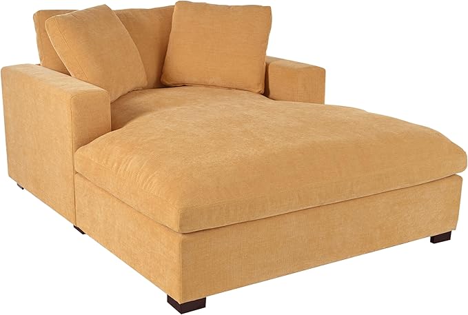 Christopher Knight Home Larrz Oversized Chaise Lounge Chair Indoor Cozy Upholstered Sleeper Sofa Couch Durable Wood Frame Deep Seat Reading Chair with 2 Throw Pillows and Armrests Yellow
