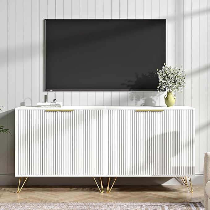 Fluted TV Stand for 60 Inch TV Modern TV Stand White Entertainment Center w/ 2 Storage Cabinets Adjustable Shelves &amp Gold Handles Wood Media Cabinet for Living Room White