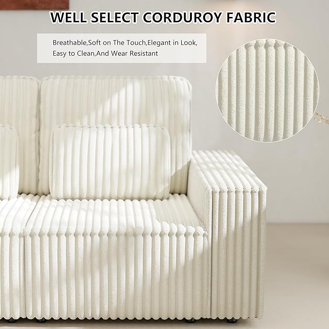 mikibama Modern Corduroy Loveseat 2 Seat Sofa CouchModular Sectional 2 Seater Sofas with PillowsDeep Love Seat Couches with Wide Square Arms for Living Room (Off White Loveseat)