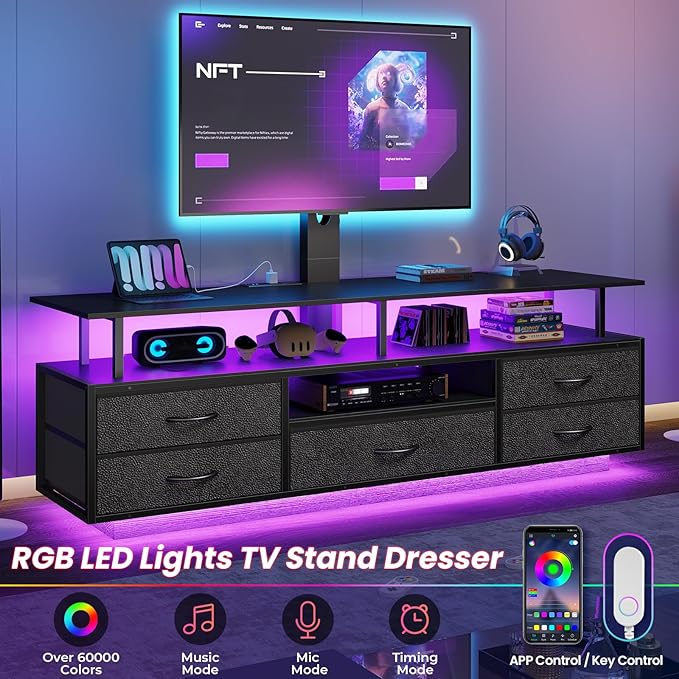 BTHFST TV Stand with Mount for 32/55/65/70 inch TVs 51.2 LED TV Stand with Power Outlets &amp Storage Entertainment Center with Storage for Living Room Bedroom Black